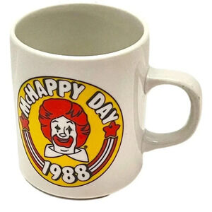 McHappy Day 1988 McDonalds Mug Ceramic White Cream‎  Ronald McDonald Vintage